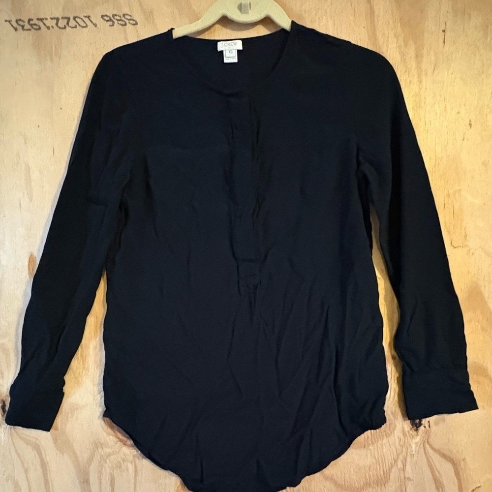 J Crew Black Tunic Blouse Womens XS Button Up Long Sleeve Work Top
